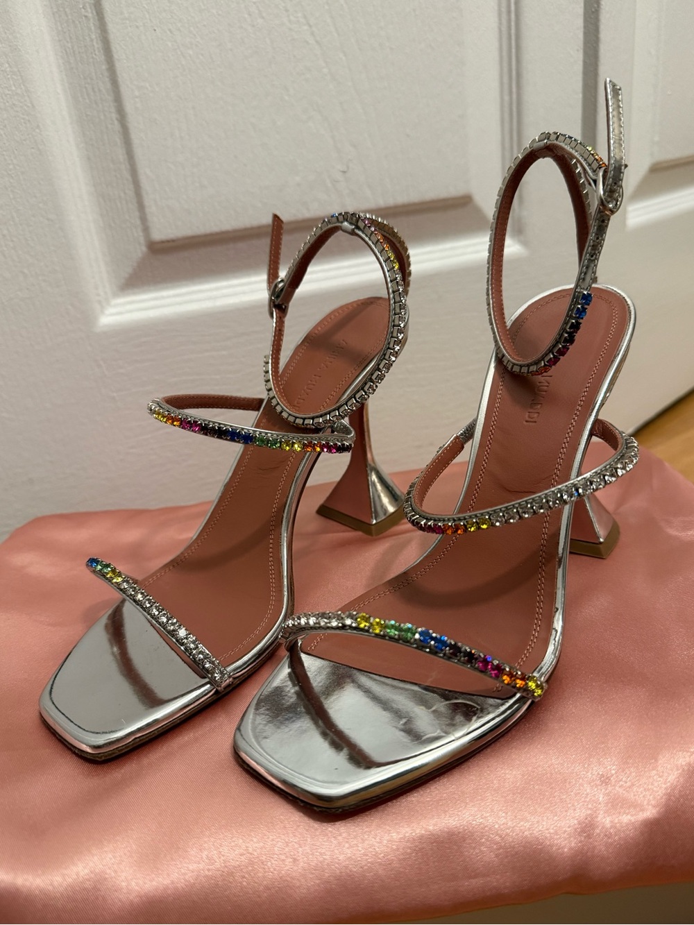 Amina Muaddi Silver Metallic Strappy Heels